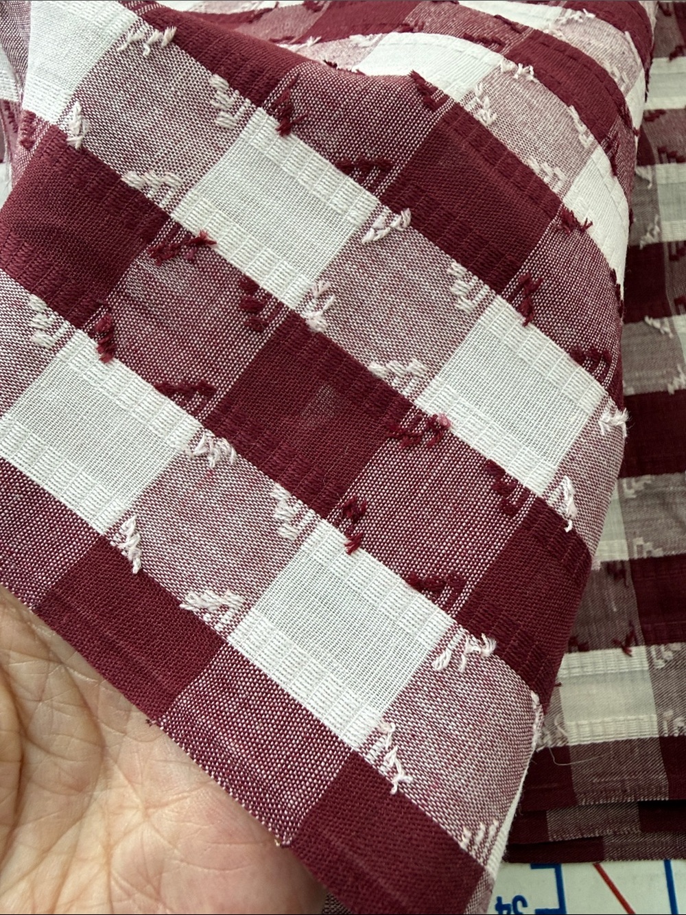 Vintage 60s 70s Burgundy Ivory Woven Check Fabric 5 Yards x 44” - Picture 11 of 13
